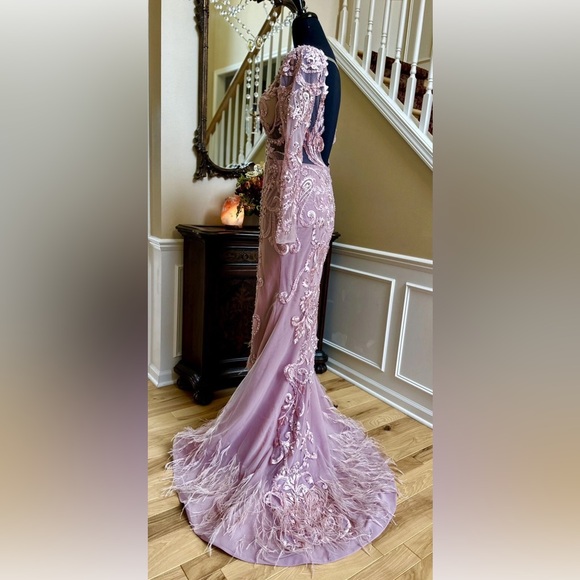 Portia and Scarlett Blush Long Sleeve Feather Fringed Embroidered Gown Size 6 - Picture 7 of 14